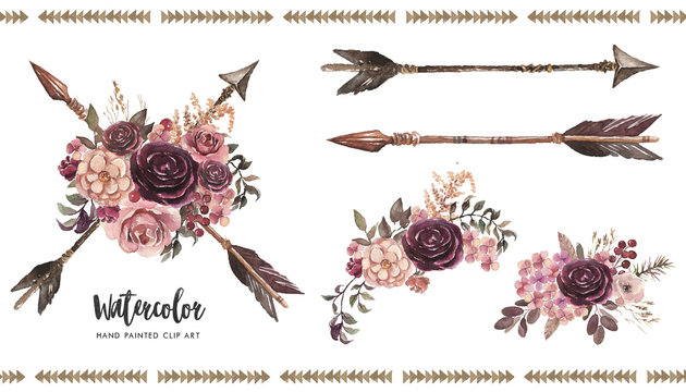 Watercolor boho floral illustration set - arrows with flower bouquets for wedding, anniversary, birthday, invitations, tribal native american symbol, bohemian DIY indian
