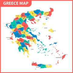 The detailed map of Greece with regions or states and cities, capital. Administrative division.