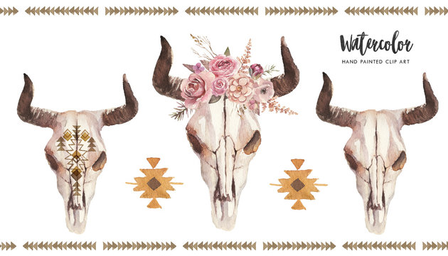 Watercolor boho floral illustration set - bull / cow skulls with horns & flower bouquet, arrangement for wedding, anniversary, birthday, invitations, tribal native american symbol, bohemian DIY indian