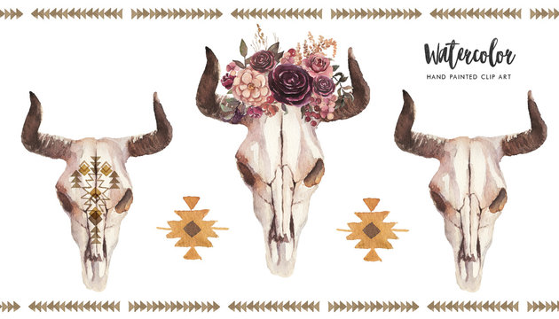 Watercolor boho floral illustration set - bull / cow skulls with horns & flower bouquet, arrangement for wedding, anniversary, birthday, invitations, tribal native american symbol, bohemian DIY indian