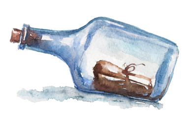Watercolor hand drawn nautical / marine illustration with old bottle and note inside