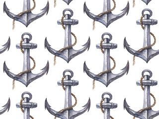 Seamless watercolor nautical pattern with anchor on white background, perfect for wrappers, wallpapers, postcards, greeting cards, wedding invitations, romantic events, etc. © Veris Studio