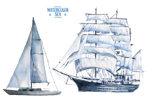 Watercolor hand drawn marine vessels - schooner and frigate - sea sailing types elements