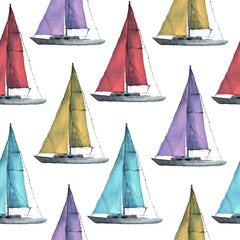 Seamless watercolor nautical pattern with various boats on white background, perfect for wrappers, wallpapers, postcards, greetings, wedding invitations, romantic events