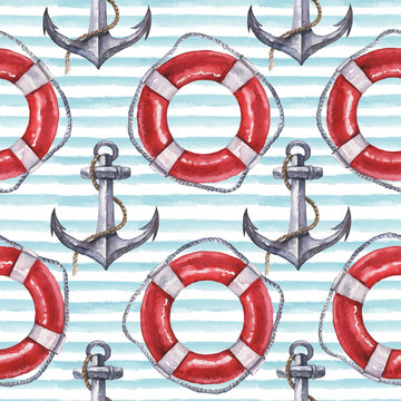 Seamless watercolor nautical pattern with anchor and life buoy on blue background, perfect for wrappers, wallpapers, postcards, greetings, wedding invitations, romantic events
