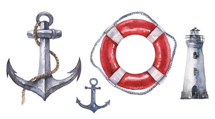 Watercolor hand drawn nautical / marine illustration with lighthouse, lifebuoy and anchors, one with rope © Veris Studio