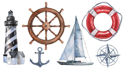 Watercolor hand drawn nautical / marine illustration with lighthouse, lifebuoy, anchor, steering wheel, boat and compass © Veris Studio