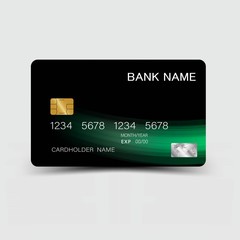 Modern credit card template design. With inspiration from the abstract. Green and black color on the gray background. Vector illustration. Glossy plastic style.