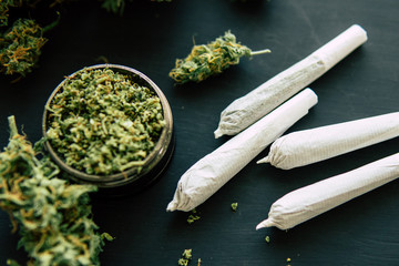 joint with trichomes and Macro of marijuana crushed weed in a grinder for chopping a canapis on a...
