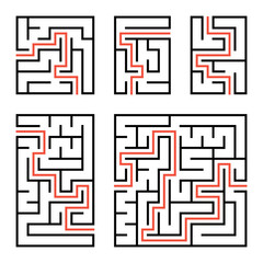 Fototapeta na wymiar A set of square and rectangular labyrinths with entrance and exit. Simple flat vector illustration isolated on white background. With the answer.
