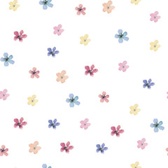 Seamless watercolor floral pattern with small isolated flowers on white background, perfect for wrappers, wallpapers, postcards, greeting cards, wedding invitations, romantic events, etc
