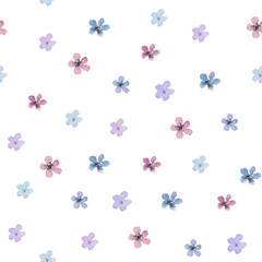 Obraz na płótnie Canvas Seamless watercolor floral pattern with small isolated flowers on white background, perfect for wrappers, wallpapers, postcards, greeting cards, wedding invitations, romantic events, etc. 