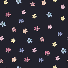 Seamless watercolor floral pattern with small isolated flowers on black background, perfect for wrappers, wallpapers, postcards, greeting cards, wedding invitations, romantic events, etc