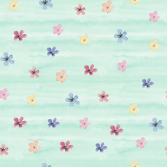Seamless watercolor floral pattern with small isolated flowers on green watercolor background, perfect for wrappers, wallpapers, postcards, greeting cards, wedding invitations, romantic events, etc