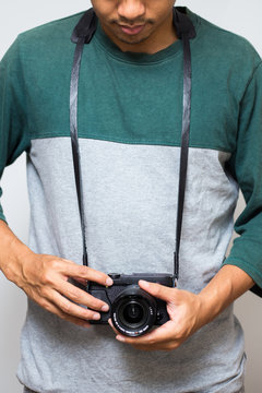 Hipster men with leather camera strap on white background