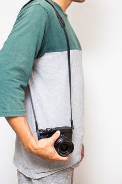 Hipster men with leather camera strap on white background