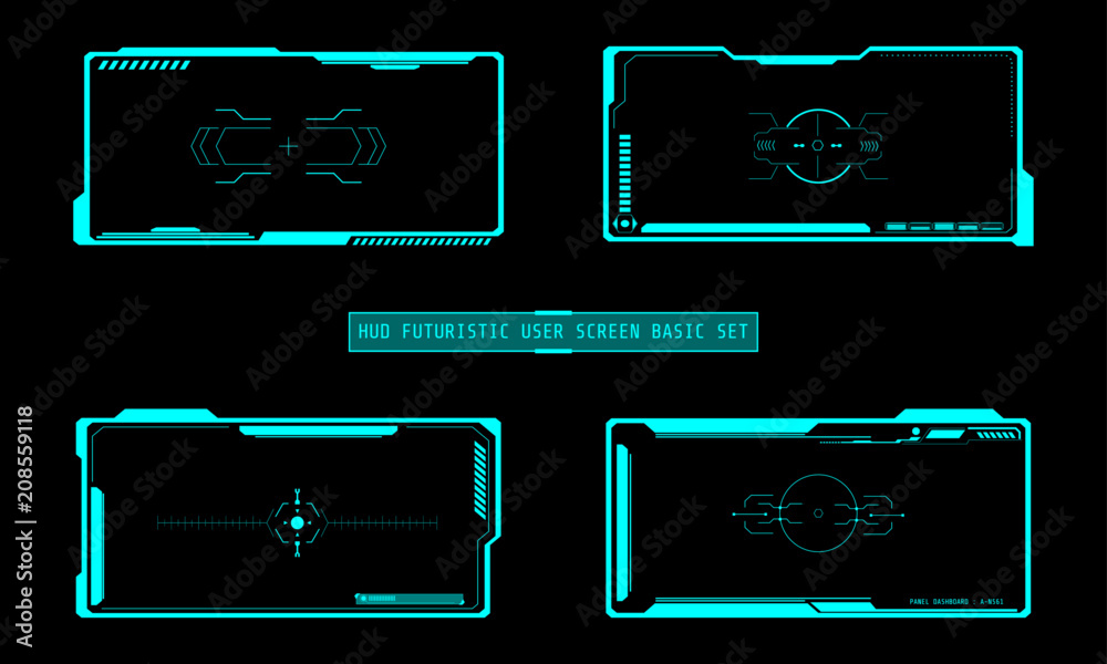 Aufkleber HUD Futuristic Technology Interface Screen Elements Panel Set Vector. Abstract Virtual Cyber Control Display Pack For Game App UI Illustration	