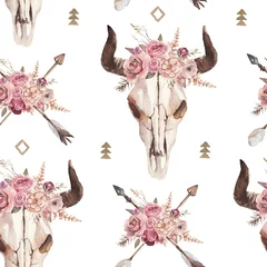 Gordijnen Aquarel boho naadloze patroon van pijlen, stier schedel met hoorns &amp  bloemstuk op witte achtergrond. Indiaans decor, printelement, tribale bohemien navajo, Indiaas, Peru, Azteekse verpakking © Veris Studio