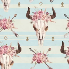 Wall murals Boho style Watercolor boho seamless pattern of arrows, bull skull with horns & floral arrangement on blue background