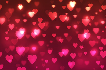 Blurred bokeh background with red hearts, holiday, wedding, love