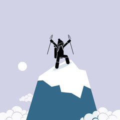 Happy man successfully climb on top of the mountain. Vector artwork depicts the concept of success, self achievement, and accomplishment.