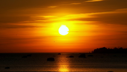 Piękny zachód słońca nad Bałtykiem - wszystkie odcienie żółci i czerwieni - obrazy, fototapety, plakaty