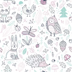 Fototapeten Cute forest animals and elements vector seamless pattern. © samiola