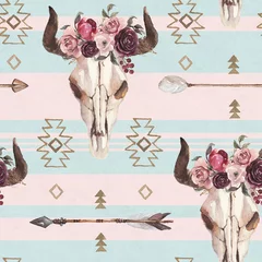 Wall murals Boho style Watercolor boho seamless pattern of arrows, bull skull with horns & floral arrangement on pink blue background
