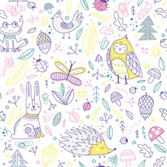 Fototapeta na wymiar Cute forest animals and elements vector seamless pattern.
