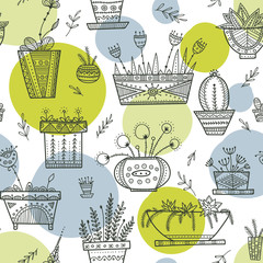 Flower pots and house plants seamless pattern in ethnic ornate boho style.