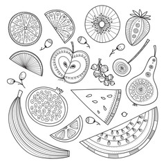 Vector set of nutrient-rich raw fruits in boho style