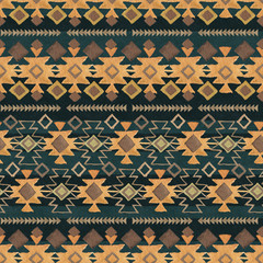 Watercolor ethnic boho seamless pattern of ornament, tribal sign on dark background, native american tribe decoration print element, tribal bohemian navajo illustration, Indian, Peru, Aztec wrapping.