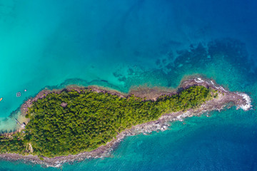 Rocky island sea beach with green tree aerial view