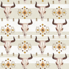 Watercolor ethnic boho seamless pattern of bull cow skull, horns & tribe ornament on bright background, native american decor print element, tribal bohemian navajo, Indian, Peru, Aztec wrapping