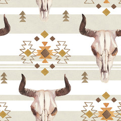 Watercolor ethnic boho seamless pattern of bull cow skull, horns & tribe ornament on bright background, native american decor print element, tribal bohemian navajo, Indian, Peru, Aztec wrapping