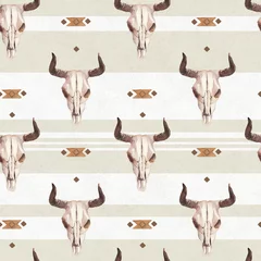 Wall murals Boho style Watercolor ethnic boho seamless pattern of bull cow skull, horns & tribe ornament on bright background, native american decor print element, tribal bohemian navajo, Indian, Peru, Aztec wrapping