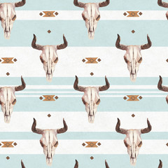 Watercolor ethnic boho seamless pattern of bull cow skull, horns & tribe ornament on blue background, native american decor print element, tribal bohemian navajo, Indian, Peru, Aztec wrapping