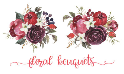 Watercolor floral illustration - couple beige, burgundy, pink flower bouquets with roses, peonies, leaves for wedding, anniversary, birthday, etc. invitations.