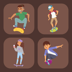 Skateboard characters vector stylish skating kids illustration skate cartoon male activity extreme skateboarding icon.