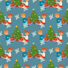 Christmas kids vector character playing winter games winter children holidays christmas tree cartoon new year xmas kid seamless pattern background