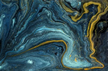 Abstrakter Acrylhintergrund aus Marmor. Blaue marmorierte Grafiktextur. Wellenmuster aus Achat. Goldpulver. © Anna Babii