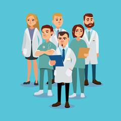 Stylish and positive team of doctors. Vector illustration.