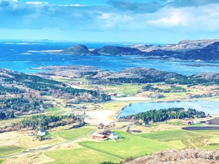 Fototapeta premium Bay with village and seascape view from island mountain.