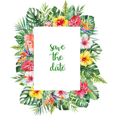 Watercolor tropical floral illustration - flower and leaf arrangement border frame for wedding, anniversary, birthday, invitations, cards, dates, etc. Save the date!