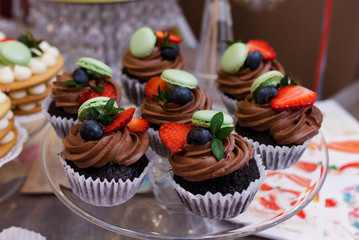 Multi-coloured cakes in the plate with berries.