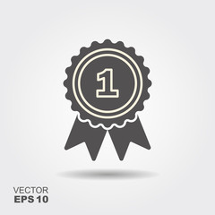 Badge with ribbon for first place. Trophy, winner award isolated on gray background. Achievement, victory concept