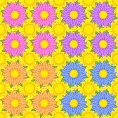 Set of seamless patterns of pink, purple, orange, blue flowers with green leaves on a background of yellow flowers