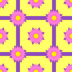 Seamless pattern of pink flowers with purple ribbons on a yellow background