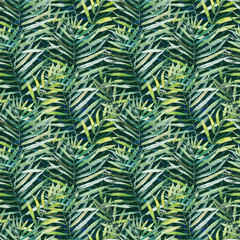 Green tropical palm & fern leaves on black background. Watercolor hand painted seamless pattern. Tropical illustration. Jungle foliage.