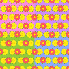Set of seamless patterns of asters of yellow and red with green leaves